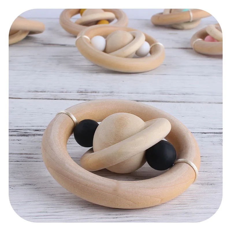 ABCPICK Wooden Hand Cranked Exercise Toy Infants Grip Teething Creative Planet Baby Grinding Sticks Teething Toy