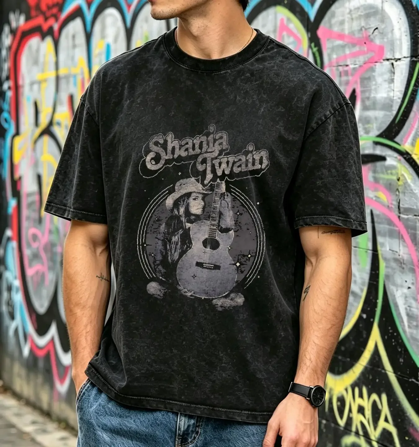 washed T Shirt black Shania Twain best father day anniversary unisex vintage Washed homme Breathable graphic Slightly Versatile