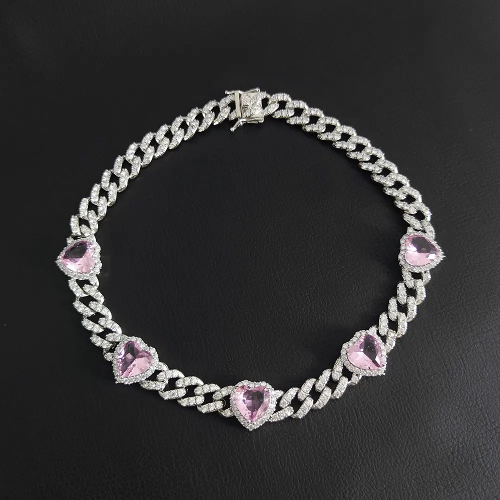 10mm Pink Heart CZ Silver Iced Out Cuban Chain Necklace Hip Hop Prong Link Chain Choker Necklace Women