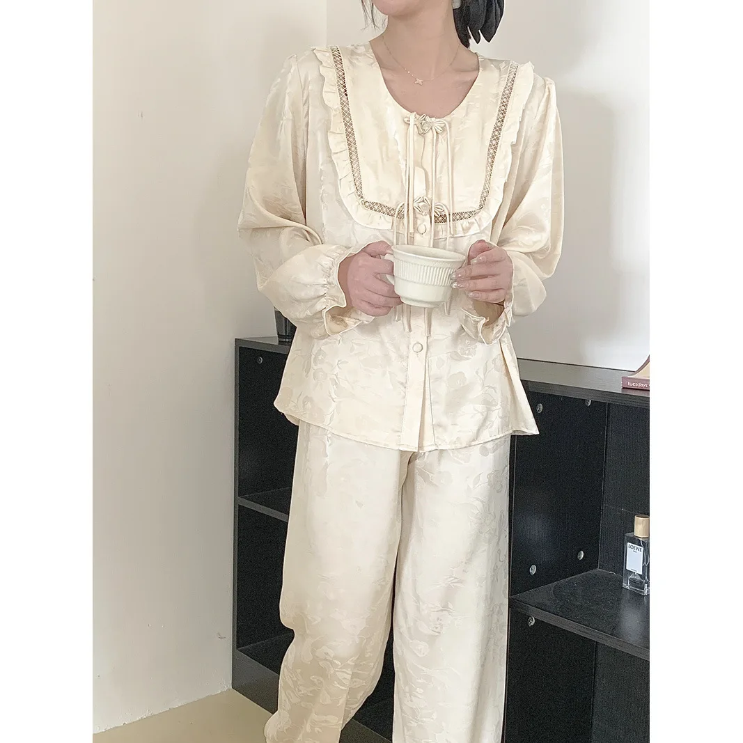 Female Pajamas Set Chinese Style Sleepwear Trouser Suits Exquisite Jacquard Long Sleeve Pijamas Suit LoungeWear Loose Home Wear