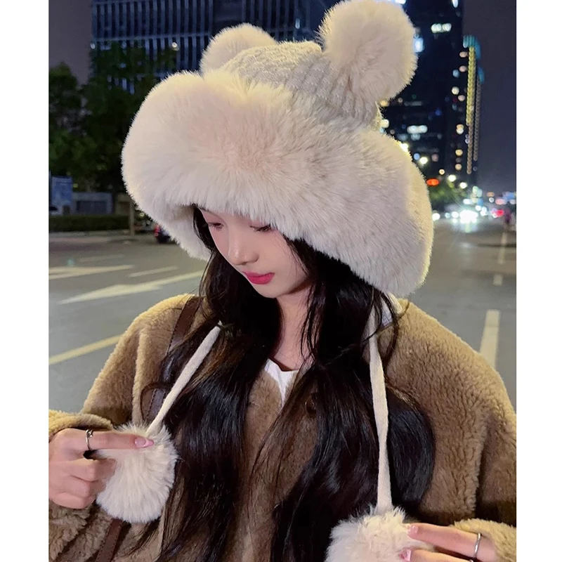 2024 new imitation rabbit fur warm winter hat for women cute thick white fluffy ball hat earmuffs slippers plush hat