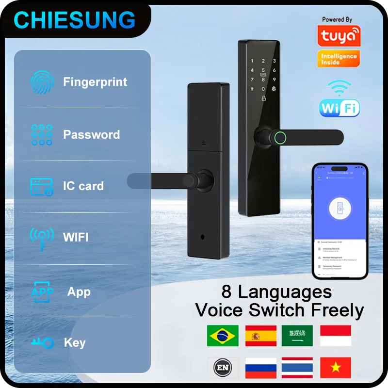 Tuya Wifi App Fingerprint  Lock Code Doorbell Remote Unlock Support multi-language Key Card Electronic Door Lock