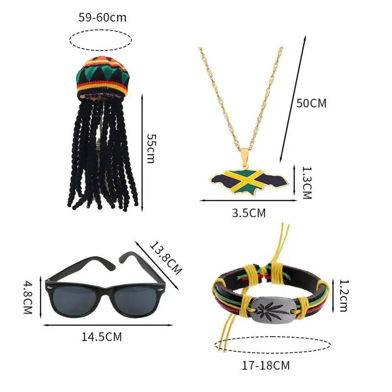 Tigerdoe Rasta Hat With Long Black Lock–Set Of 3–Reggae Hat Vest And Sunglasses–Jamaican Clothing Accessories