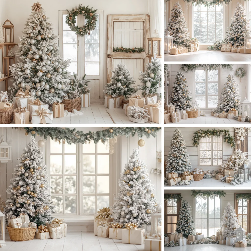 

Winter Window Christmas Backdrop Top Frosted Pine Garland Pine Tree Gold Bauble Wicker Basket White Gold Gift Box Background
