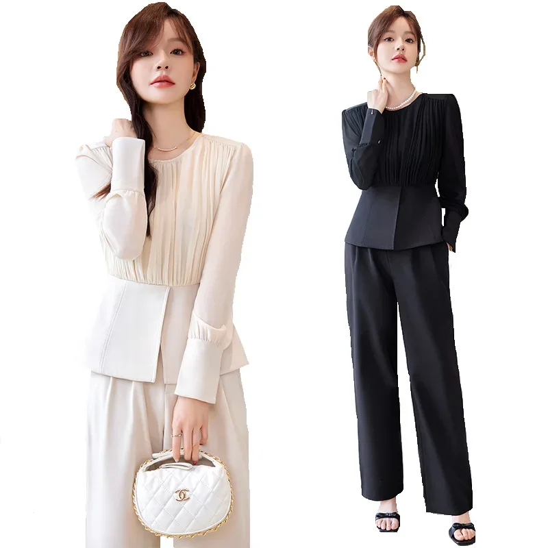 

Pop Fashion Uniform Styles Spring Women Office Business Suits Female Pantsuits Ladies Work Wear Blazers Sets With Wide Leg Trous