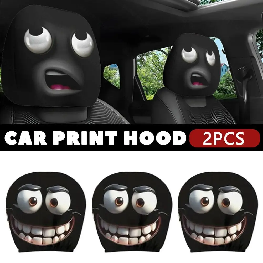 2pcs Halloween Car Headrest Cover Black Skull Print&Funny Expression Design Stretchy Auto Seat Protector For Spooky Decoration