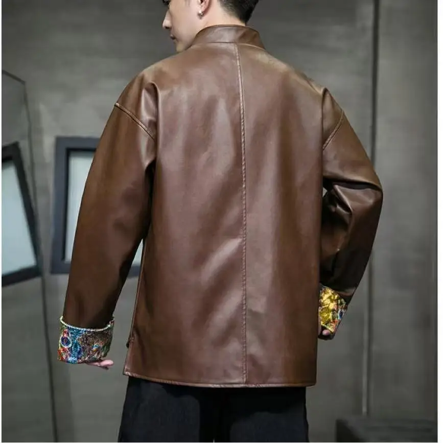 2026 New Chinese Style PU Jacket Men's Upgraded National Style Button Coat Vintage Casual Fahsion Mandarian Tops Large Male