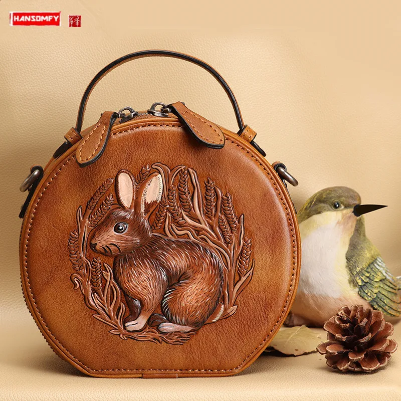 Retro leather women bag head layer cowhide small round bag leather handbag tote bag ladies shoulder messenger bags 2024 new