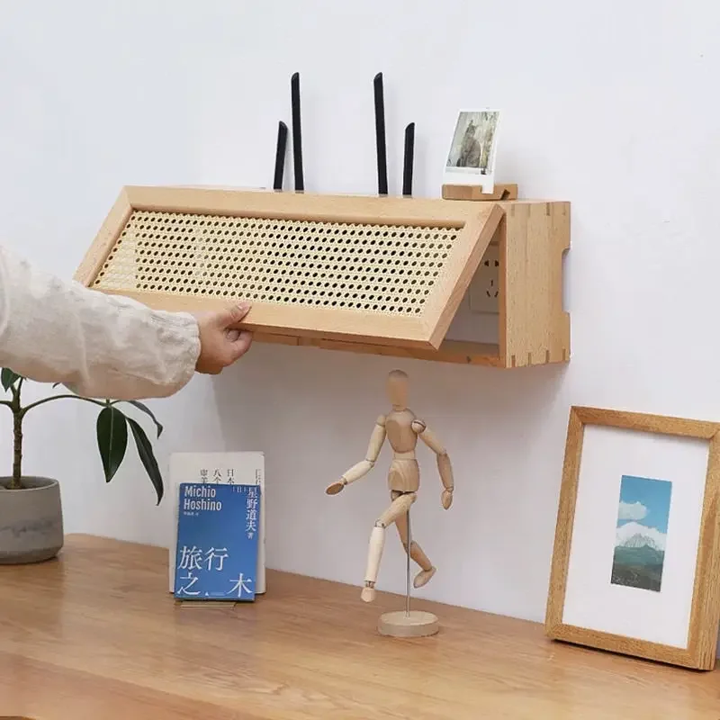 Japanese Wier Router Wall Mounted Wifi Storage elf Soet Cover up Decoration Box Real Wood Hanrted Baskets Organizers