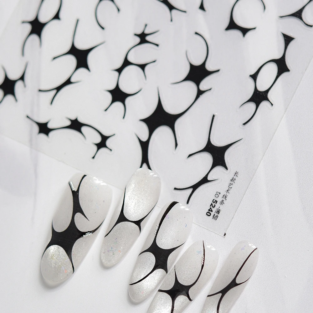 Chic abstracto negro punta francesa 5D Nail Art pegatina artística patrón curvo fragmento líneas asimétricas autoadhesivo manicura Deca