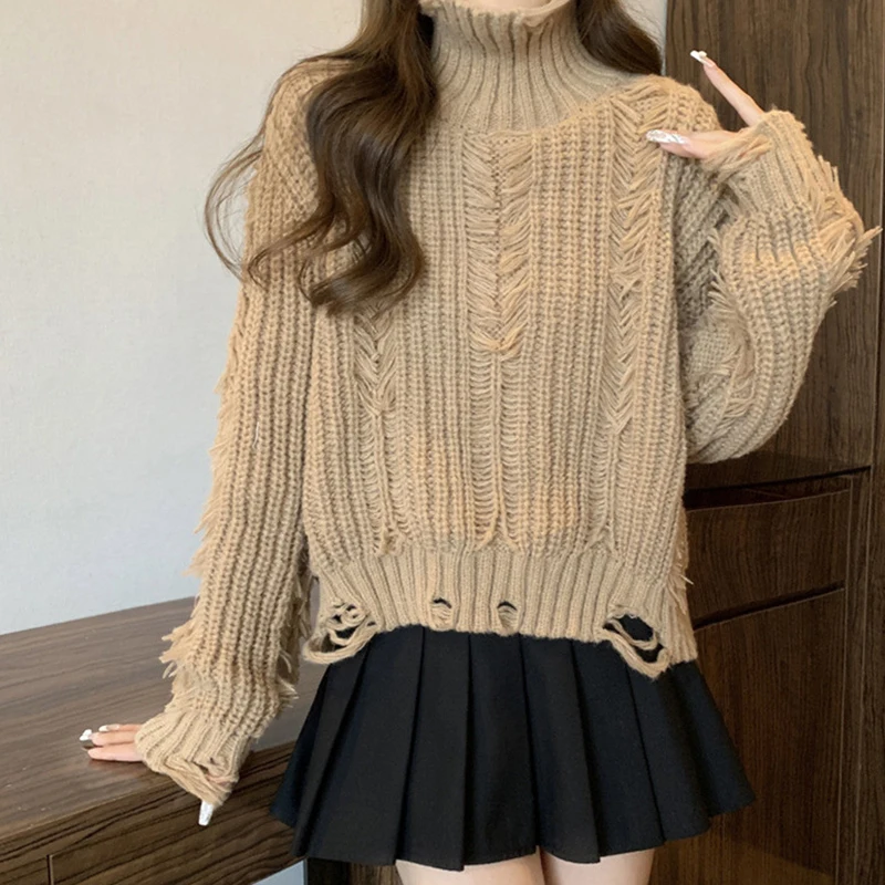 

Fashion Hole Decor Turtleneck Sweaters Women Korean Solid Color Knitted Cropped Sweaters Woman Soft Long Sleeve Jumpers Female