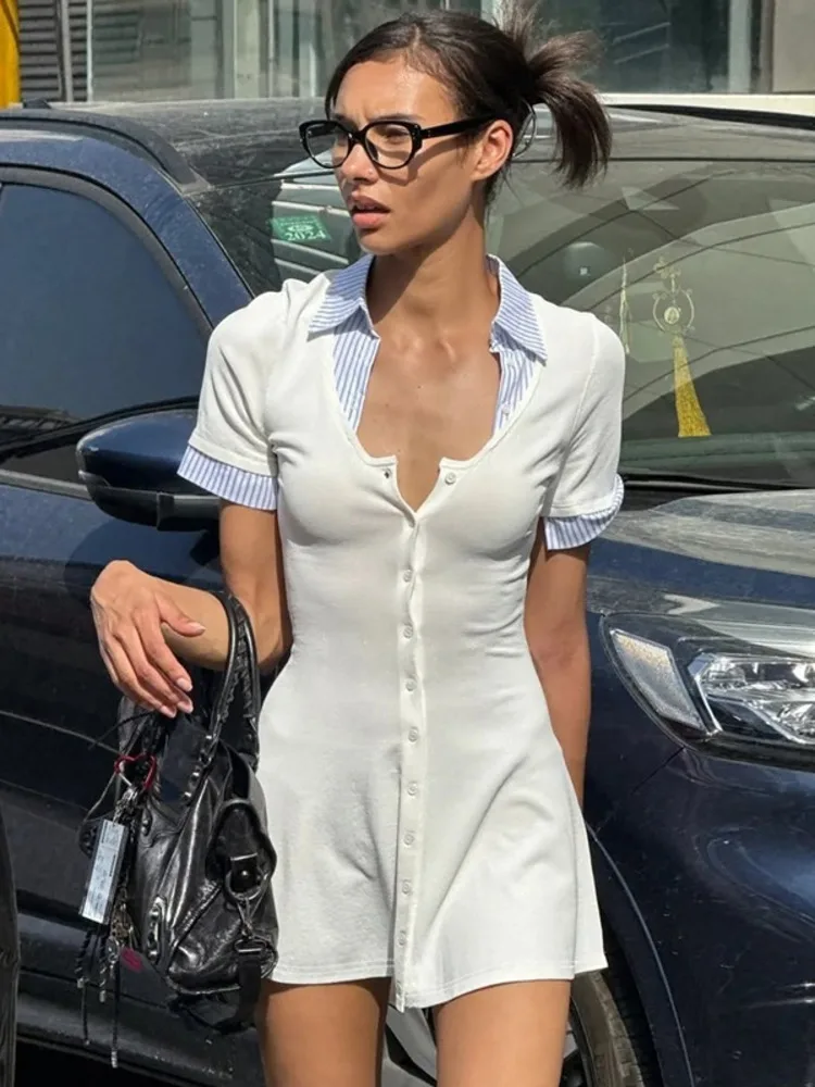 

Mozision Fashion Short Sleeve Sexy Mini Dress Women Patchwork Square Collar Striped Single-breasted Slim High Waist Dress