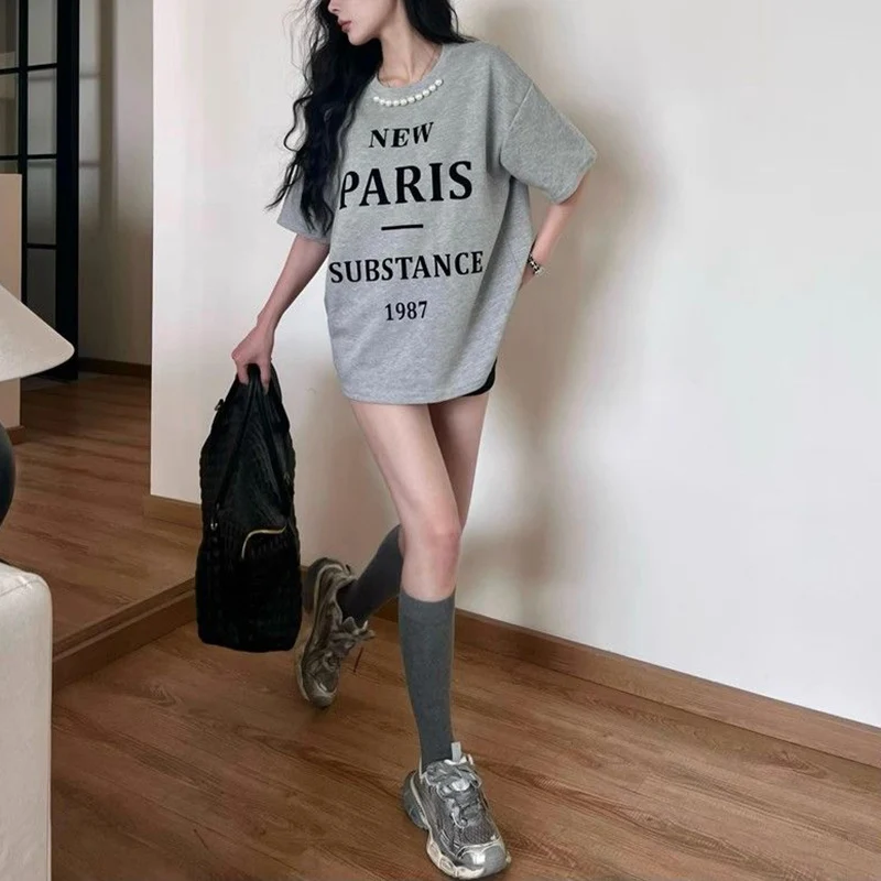 

Летние женские футболки, шикарные мешковатые футболки для девочек, повседневные повседневные топы с буквенным принтом, женская винтажная одежда с круглым вырезом