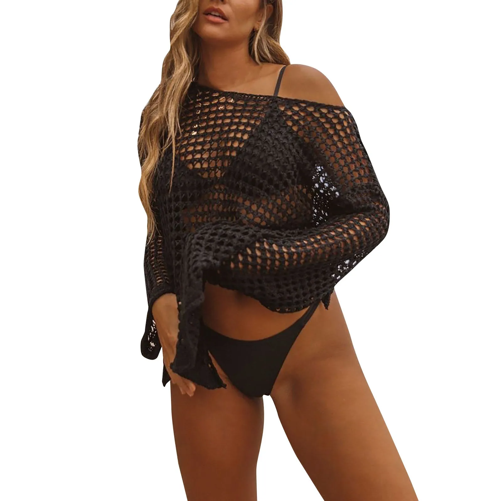 السباحة الكروشيه للنساء التستر ، الرقبة مغرفة ، طويلة الأكمام ، سترة بوهو ، ملابس بحر ، ثوب السباحة ، غطاء للشاطئ