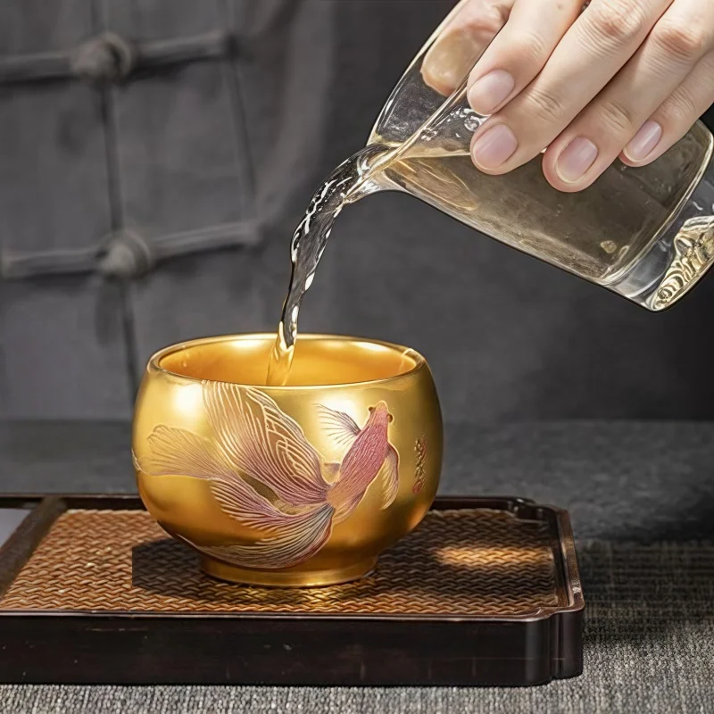 Taza de té maestra Jianzhan de oro real dorada hecha a mano, taza de té de porcelana de jade, taza maestra de cerámica