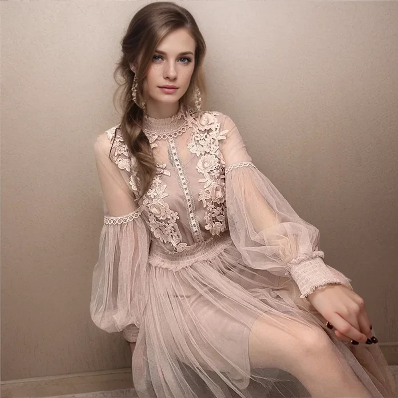 Women Evening Dress Three-dimensional Decoration Floral Mesh Stand Collar Lantern Sleeve Waist Up Ladies Dresses Summer 2024