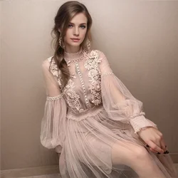 Women Evening Dress Three-dimensional Decoration Floral Mesh Stand Collar Lantern Sleeve Waist Up Ladies Dresses Summer 2024