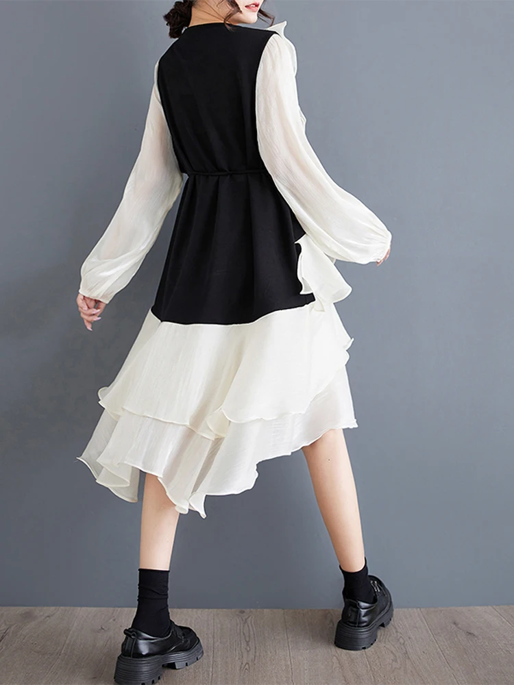 NYFS 2025 ربيع الخريف جديد فساتين النساء Vestidos رداء Elbise فضفاض حجم كبير غزل الزجاج المرقعة غير النظامية الكشكشة فستان طويل