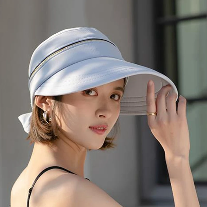 2024 Summer Hat Removable Cap Top with Zipper Empty Top Hat Anti-UV Sun Hats Ladies Cotton Foldable Wide Brim Hat Visor Caps