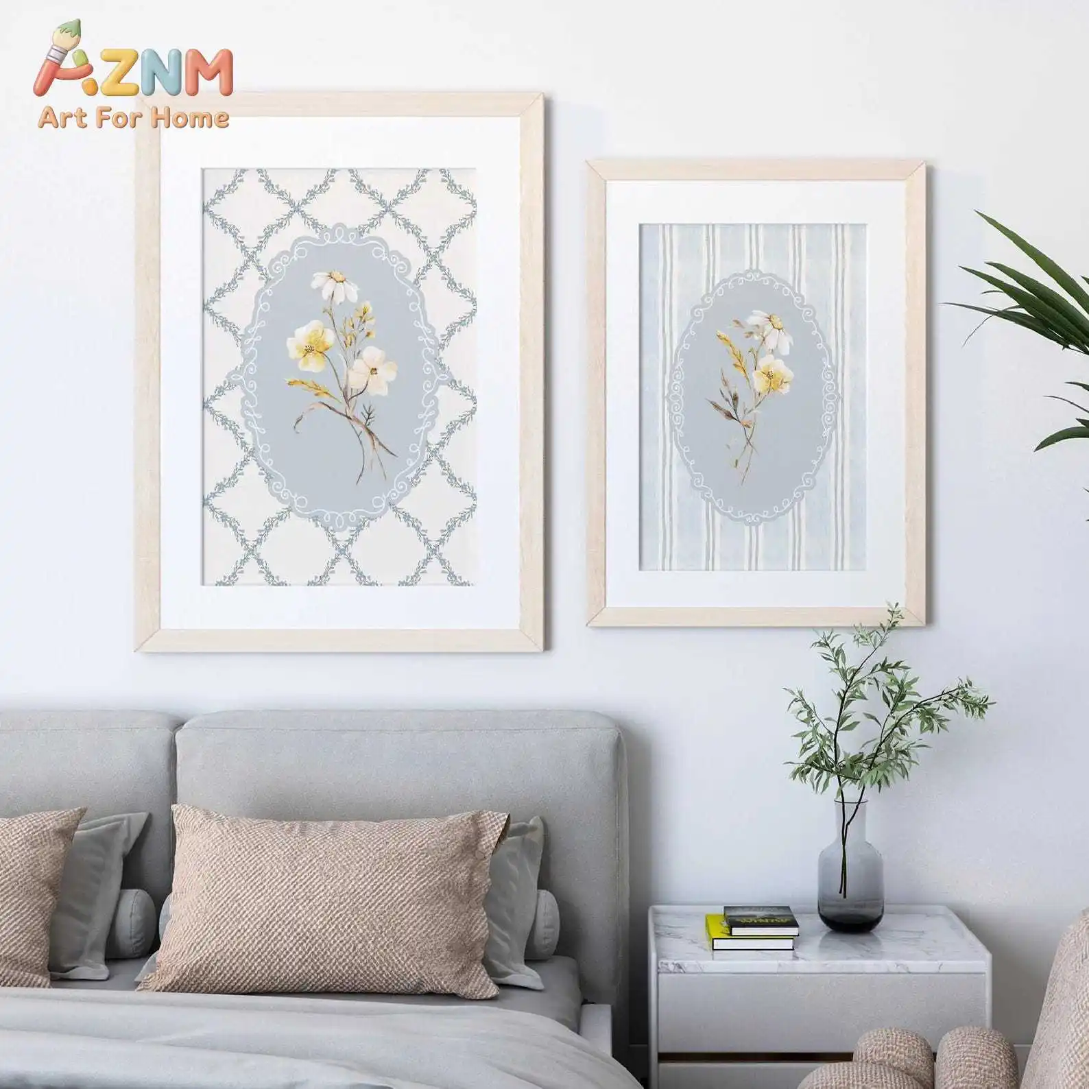 Blue Flower Wall Art, Set of 2 Prints, Aesthetic Room Decor, French Country Dusty Blue Coastal Poster, Cute Wildflower Art