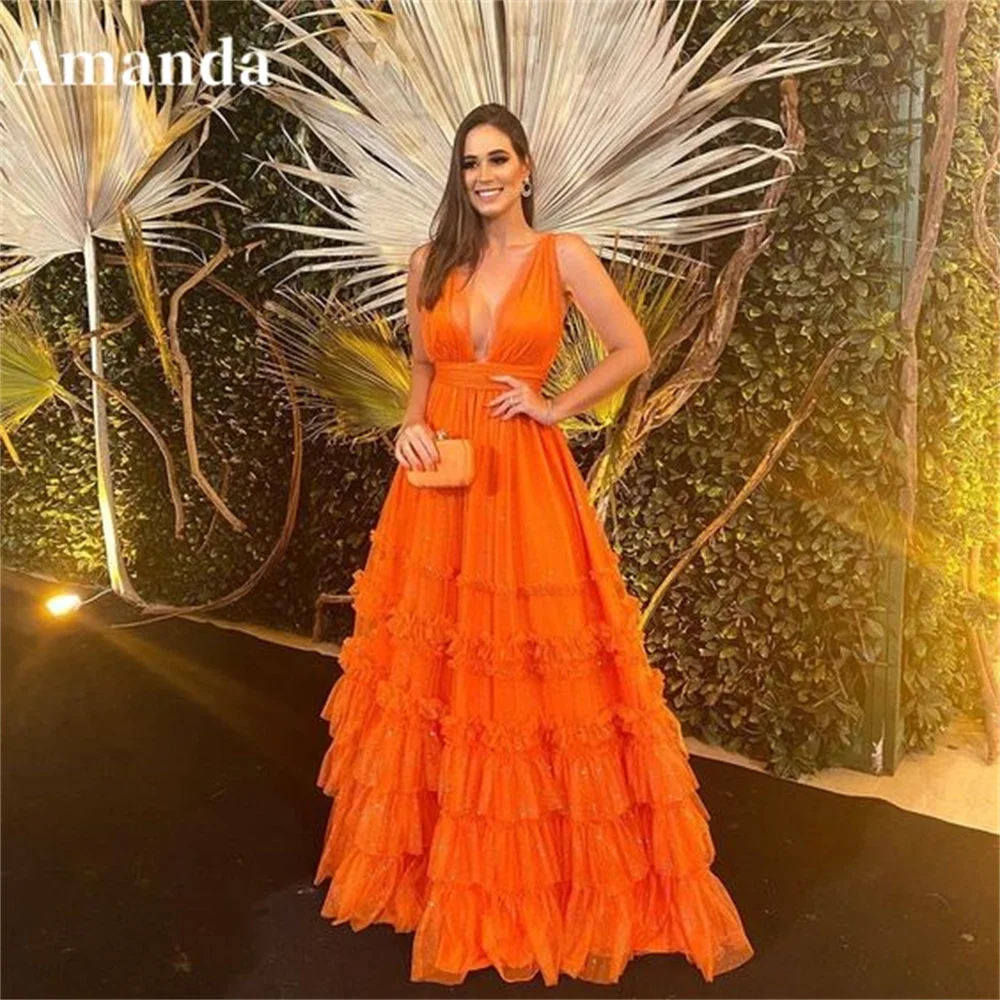 Amanda Orange فساتين مناسبة رسمية Sexy Sleeveless A-line Vestidos De Noche Multilayer Tulle Floor Lenght Prom Dress 2023