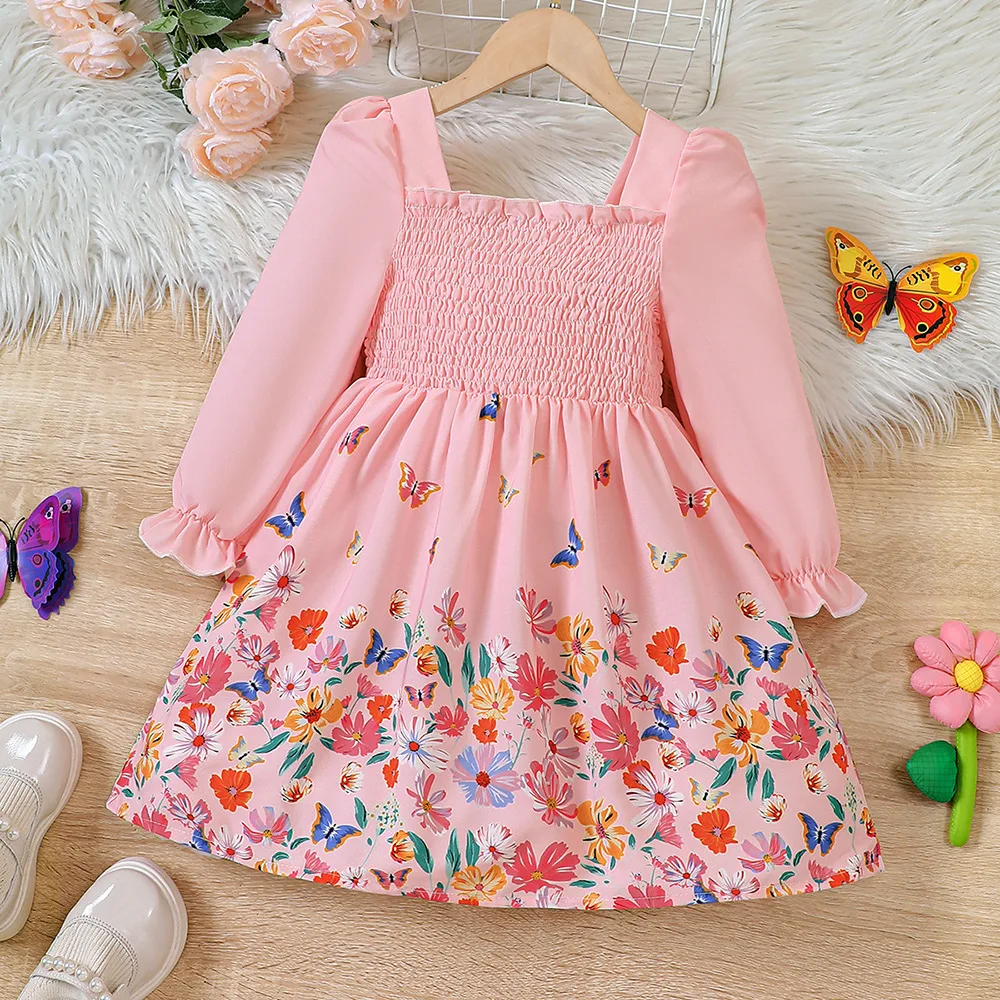 

2024 Winter New Girls Dress Long Sleeve Square Collar Ruched Print Butterfly Pink Designer Girls Princess Dress Vestido 18M-7T