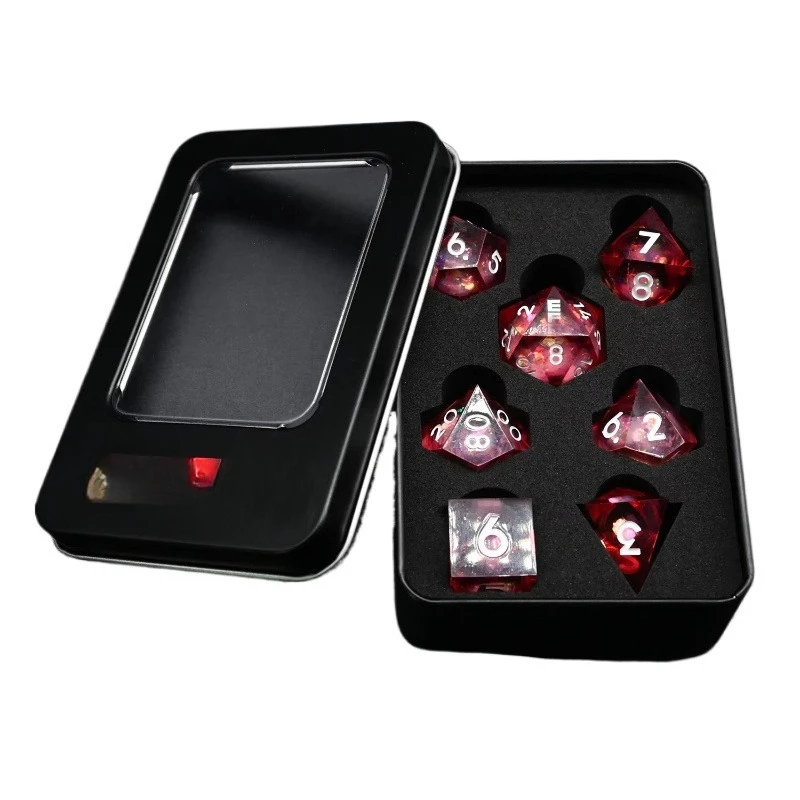 

Red Quicksand Sharp Edge Liquid Core Resin Dice Set with Tin Box