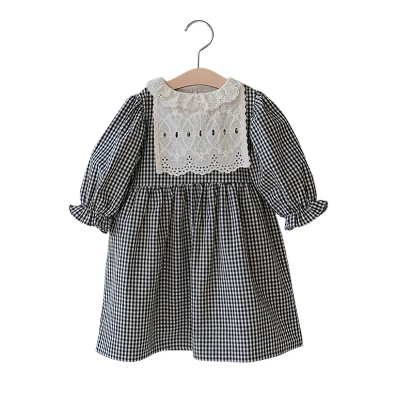 2025 spring children girls girls cotton sweet lace patchwork lotus collar plaid dress