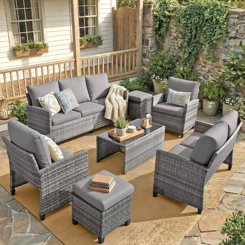 

Grey Outdoor 7-Piece Sectional Patio Furniture Set with Wicker Sofa, Loveseat, Single Sofa, Coffee Table, and Ottoman