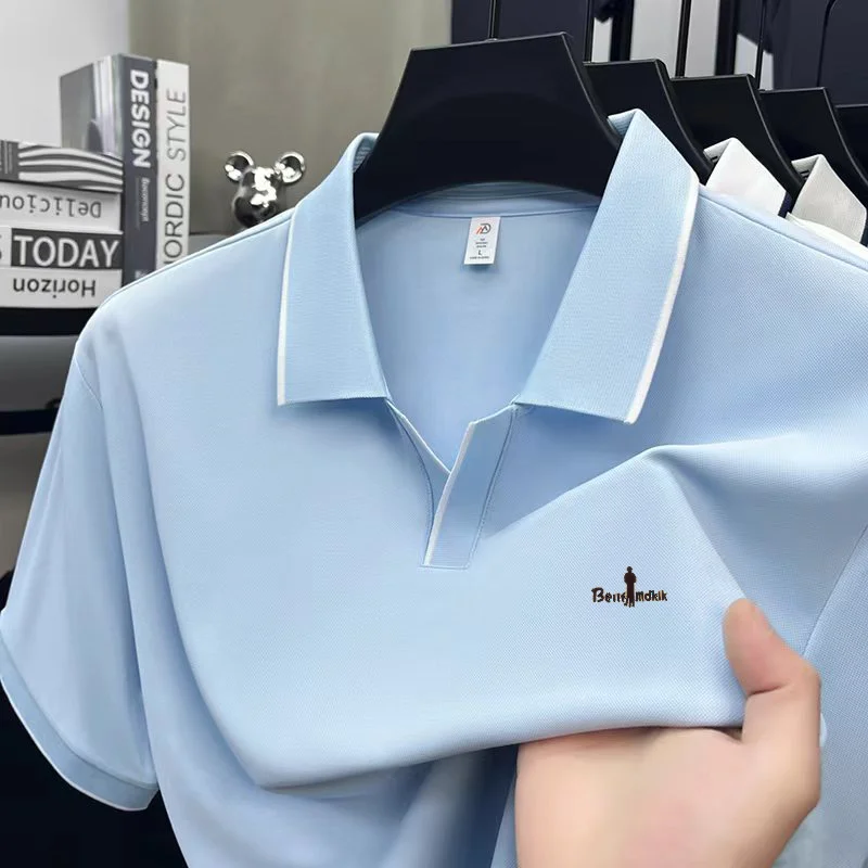 High-End Man Short-Sleeved Polo Shirt V-Notch Collar Patterned Print Summer New T-Shirt Ventilate Business Casual Men's Clothing