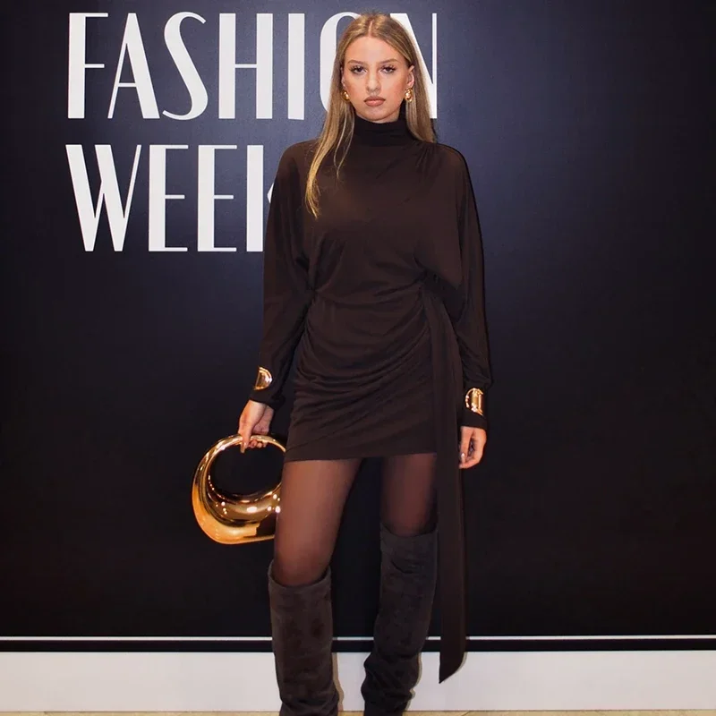 New Solid Color Half High Neck Tie Waist Bat Sleeve Package Sexy Dresses Elegant Y2K Party Club High Level