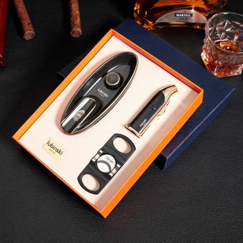 

LUBINSKI Cigar Set Cigar Scissors, Metal Turbo Lighters, Ashtrays, Three Piece Set Cigar Tools, High End Men's Gift Set