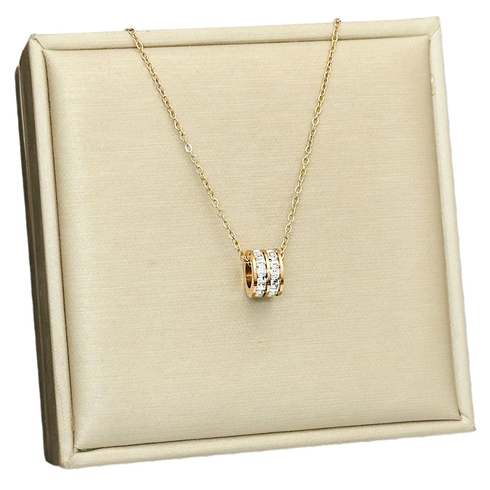 Collar con colgante de cristal cilíndrico de acero inoxidable, joyería de cadena chapada en oro de 18 quilates, accesorios para Collar con dije redondo para regalo de mujer