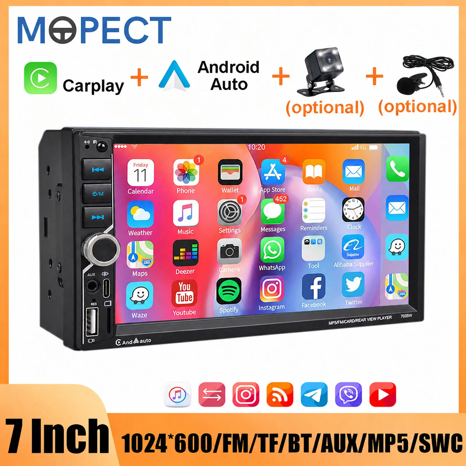 MOPECT 7 Zoll Doppel-DIN Autoradio Stereo Kabelloses CarPlay Android Auto Touchscreen Multimedia-Player Autoradio Haupteinheit Mirror Link BT/FM/USB/TypeC/TF/AUX SWC