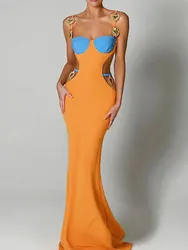 Sexy Shoulder Strap Beaded Contrasting Colors Low-cut Waistless Design Dress 2023 Summer Elegant Sleeveless Maxi Dresses A2166