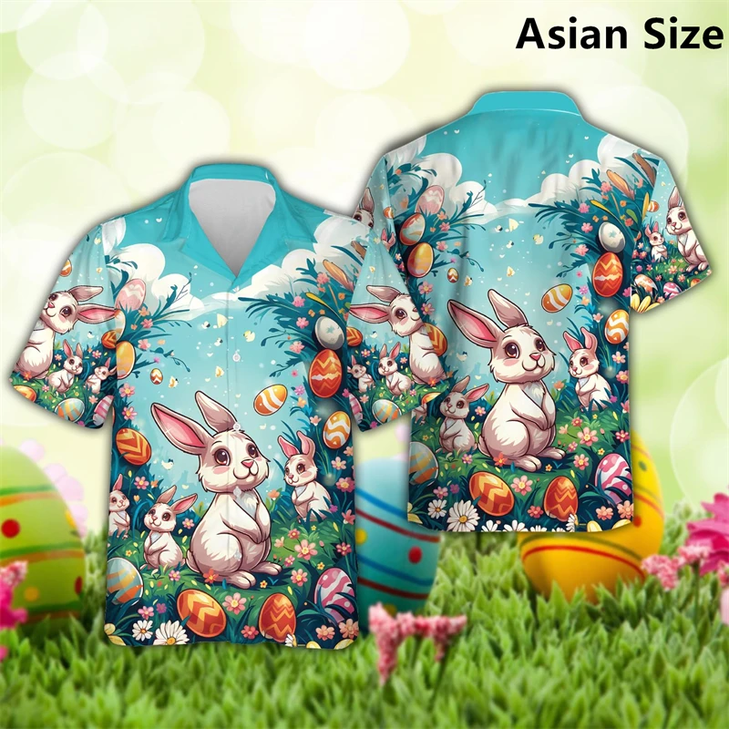 Easter Eggs Bunny Graphic Hawaiian Shirts For Men Summer Casual Holiday 3D Printed Lapel Shirt Fashion Streetwear Kids Blouse