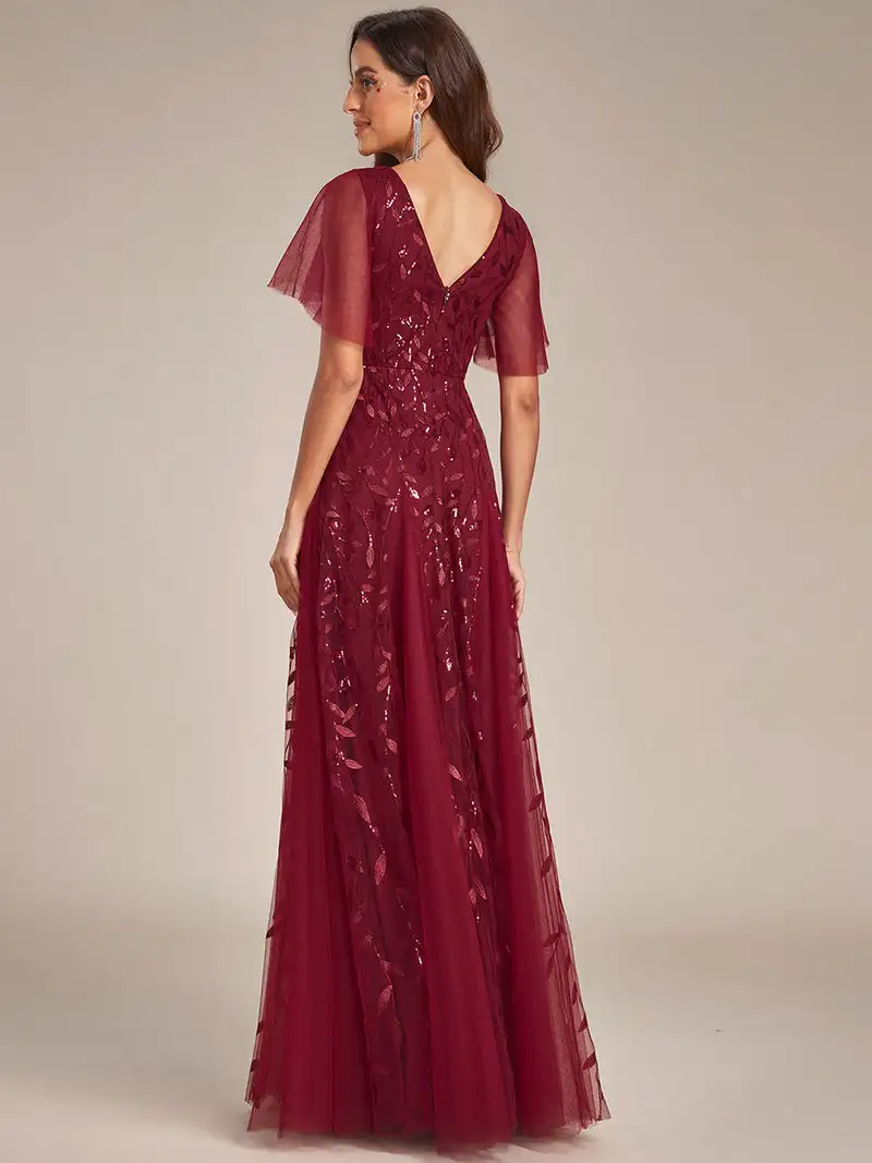 Elegant Evening Dress Romantic Shimmery Deep V-Neck Ruffle Sleeves Ever Pretty of 2024 Burgundy Gauze Sequin Maxi Long Gowns