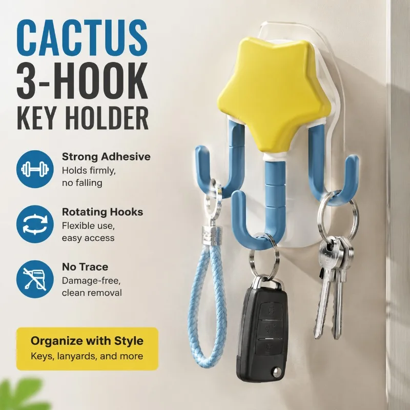 Shaped Hook 3 Hooks No Trace Strong Wall Adhesive Door Hanging Rotating Key Holder