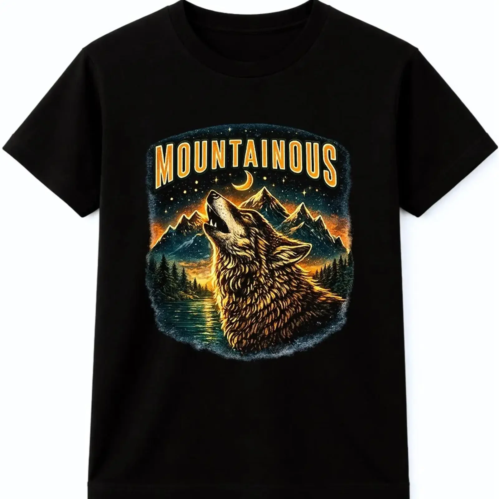 Mountaineering howling wolf moon mountain nature wildlife graphic T shirt vintage Washed streetwear Breathable Comfortable