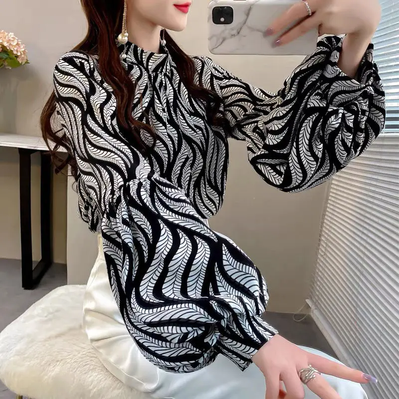 Vintage Printed Chiffon Striped Lantern Sleeve Blouses Women Clothing 2022 New All-match Casual Tops Autumn Office Lady Shirt