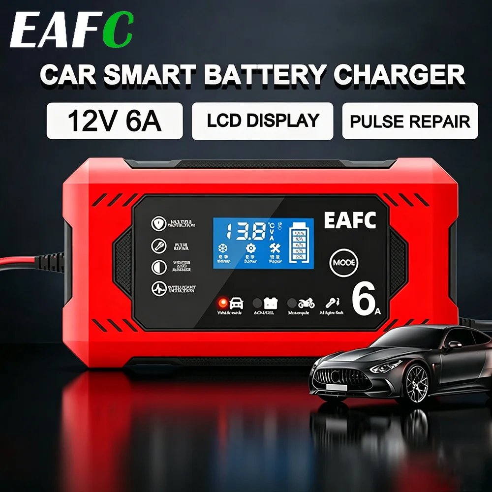 EAFC Chargeur de batterie intelligent portable 12V 6A à réparation par impulsions, pour hiver et été, pour batteries au plomb de voiture, moto et SUV