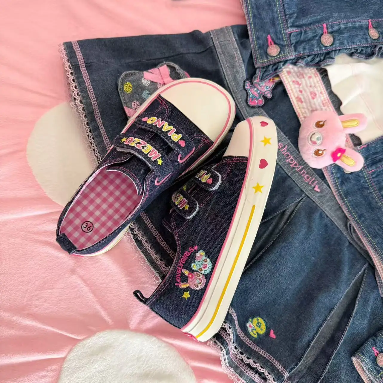 Spring Summer New Low-top Embroidered Sneakers Casual Hook-and-loop Platform Shoes Japanese Cartoon Mp Cute Canvas Shoes
