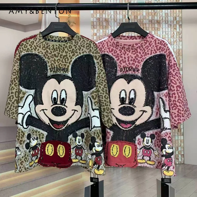 

Popular Design Summer New Ladies Heavy Industry Leopard Print Cartoon Loose Short-sleeves T-shirt Pullovers Y2k Kawaii Clothes