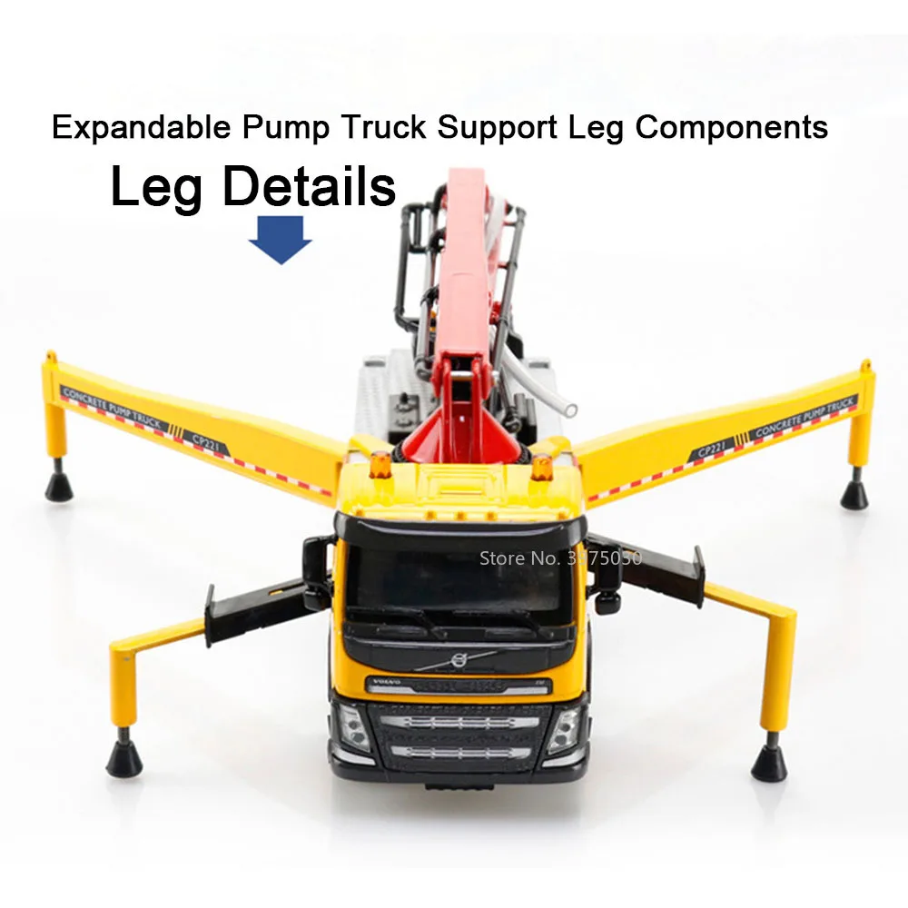 1/50 Alloy Large Engineering Vehicle Model Toy Volvo Concrete Cement Pump Truck Sound Light Arm Frame Extendable Gifts for Boys