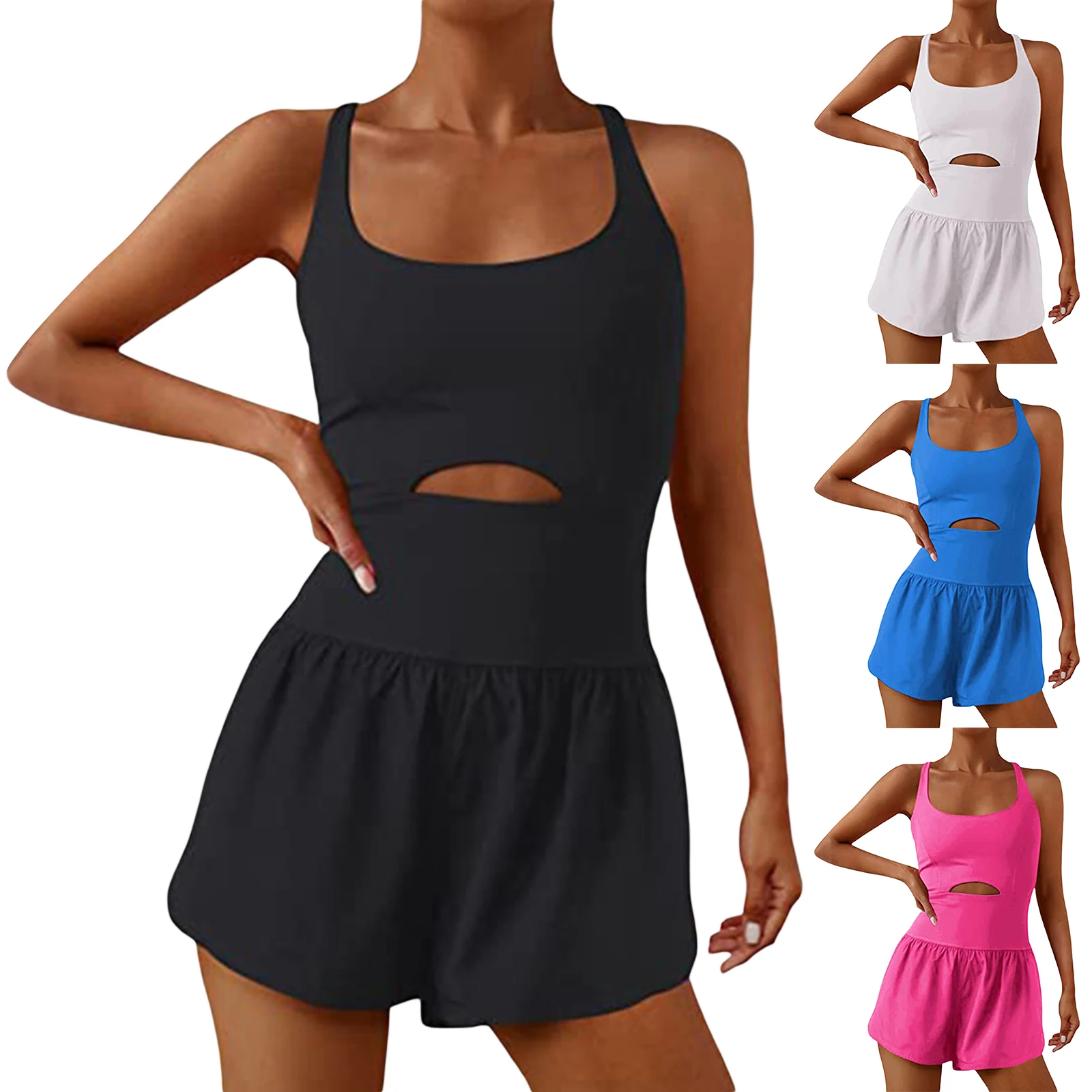 Women's Solid Color Cami Playsuits Sleeveless Sports Sling Short Jumpsuits Summer Cross Backless Romper Tracksuits