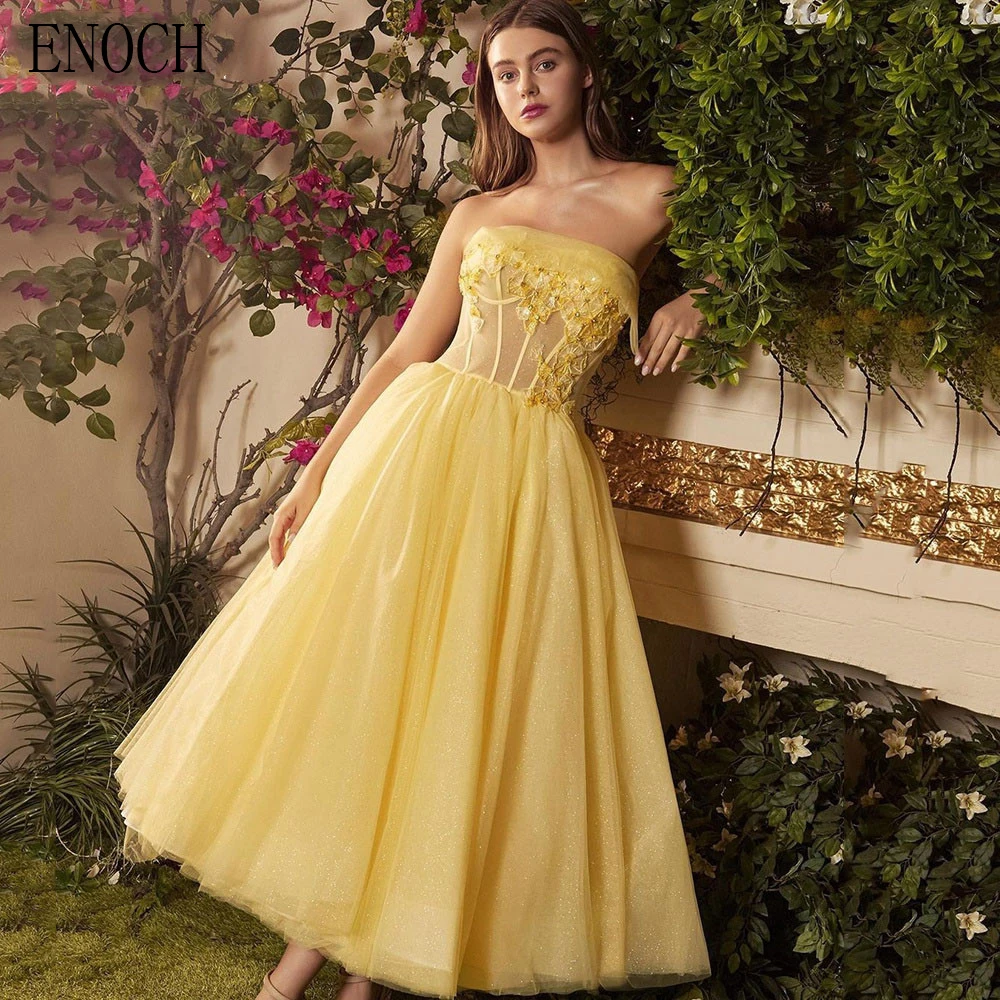 ENOCH Modern A-Line Evening Dresses New Strapless Sleeveless Backless Lace Appliques Tulle Tea Length Prom Gowns فساتين السهرة