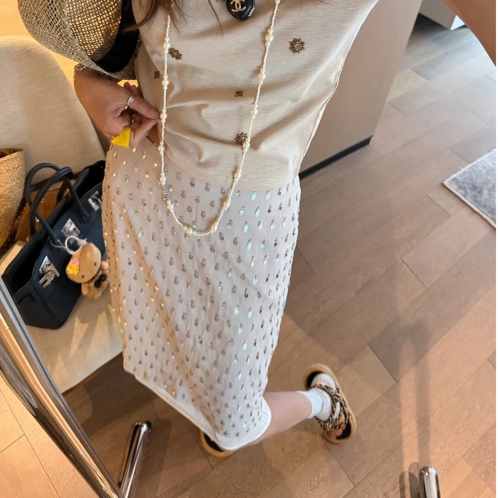 Chic Korean Style Sequin Decorative Elegant Half Skirt High Waist Straight Cut Suiting Summer New Arrival Women's Fashion