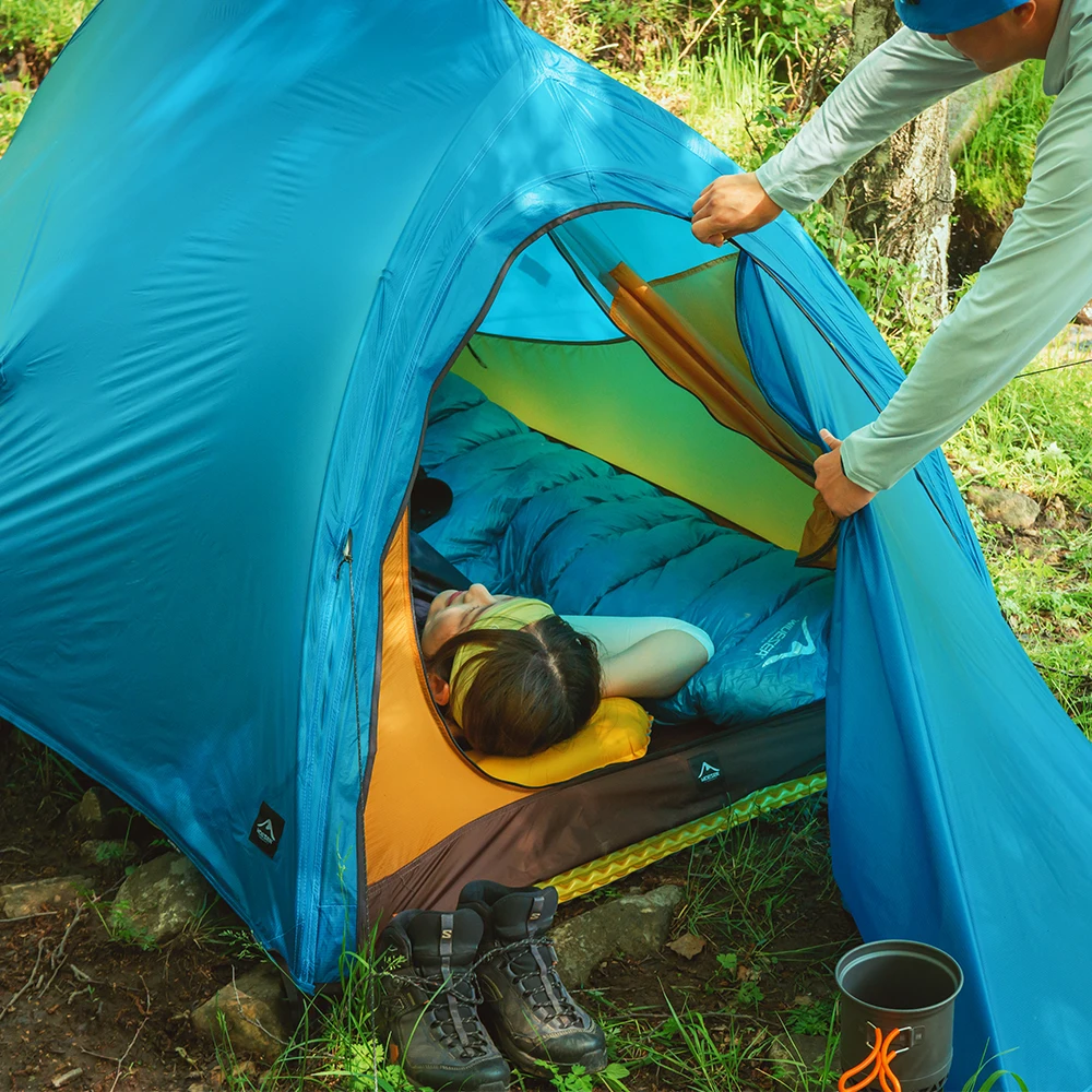 خيمة WIDESEA للتخييم في الهواء الطلق بطول 1.5 شخص بطبقة مزدوجة على شكل عمود السمك 15D نايلون مطلي بالسيليكون خفيفة الوزن للمشي والتخييم باللون الأزرق