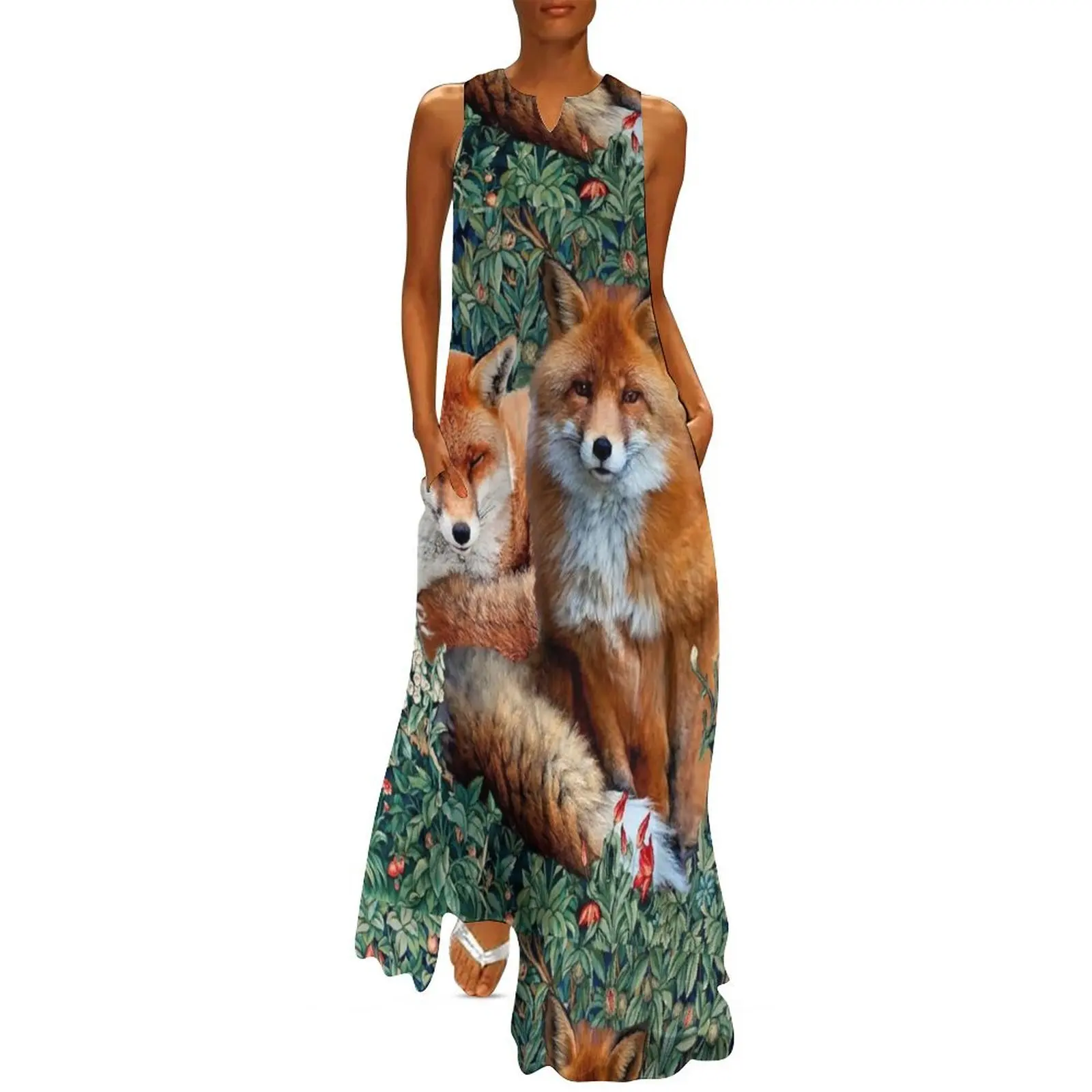 RED FOXES AMONG GREENERY, FOLIAGE AND FLOWERS Long Dress clothes for women Female dress summer dresses