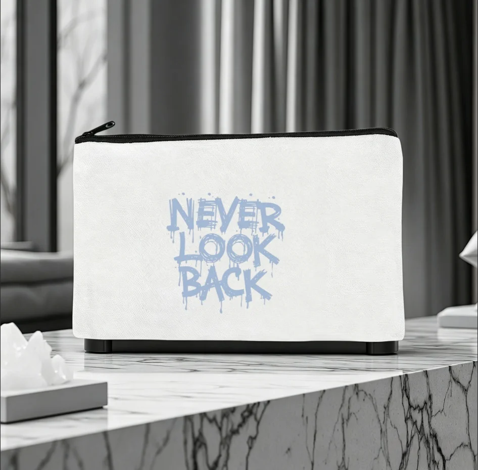 1PC Light Blue Dripping Never Look Back Text Canvas Cosmetic Pouch Lightweight Positive Quote Travel Skincare Storage Zipper Bag